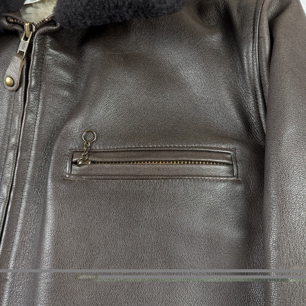 Vtg LL Bean Jacket Mens Medium Brown Leather Sherpa Pile Lined Bomber 90s USA - Picture 2 of 14